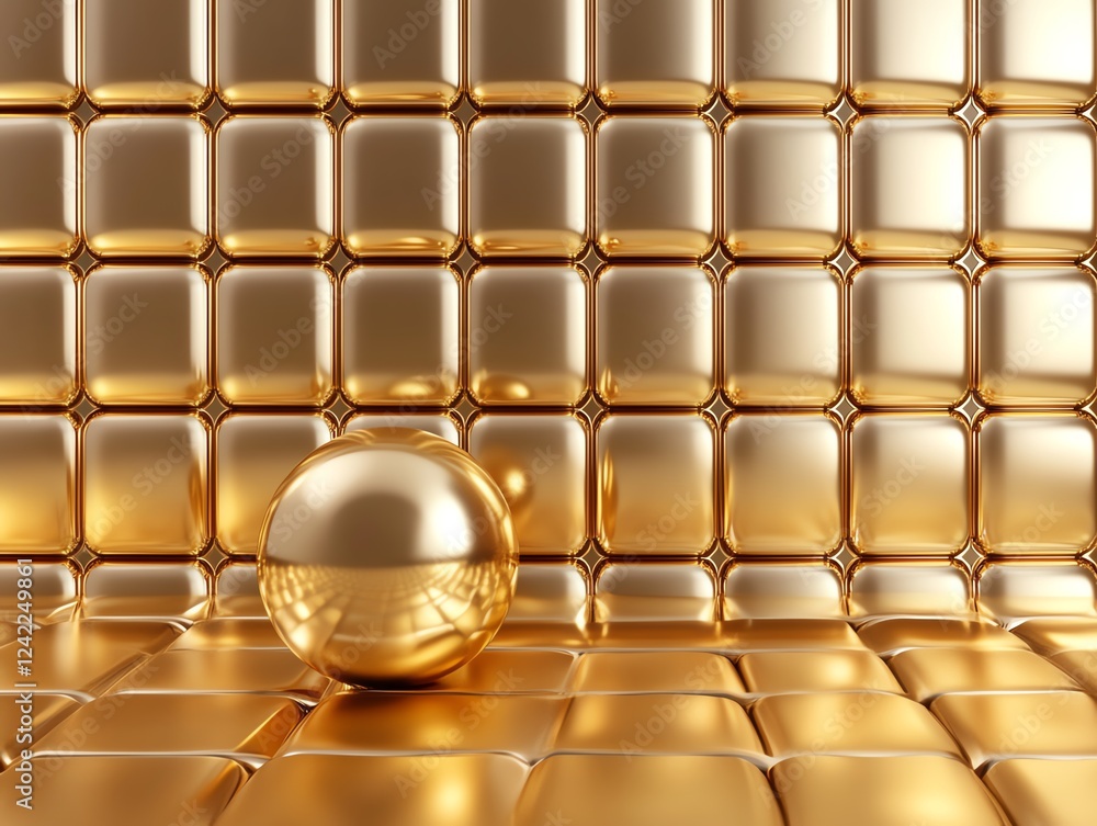Poster shiny golden sphere resting on a backdrop of reflective gold tiles in a luxurious setting