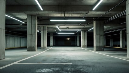 Spacious underground parking garage with concrete columns