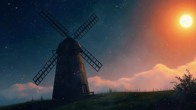 Silhouette of a windmill against a vibrant sunset sky with clouds and glowing orbs in the background