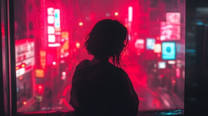 Silhouette of a woman gazing out at a neon-lit city during a rainy night.