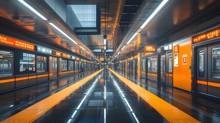 Vibrant underground subway station with glowing orange accents and reflective surfaces.