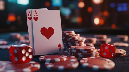 Pair of aces and poker chips and dice on casino table in the evening - poker game concept