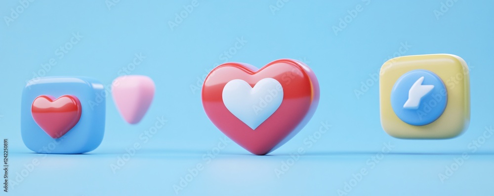 Poster 3d rendering of social media engagement concept with hearts and thumbs up icons floating on blue bac