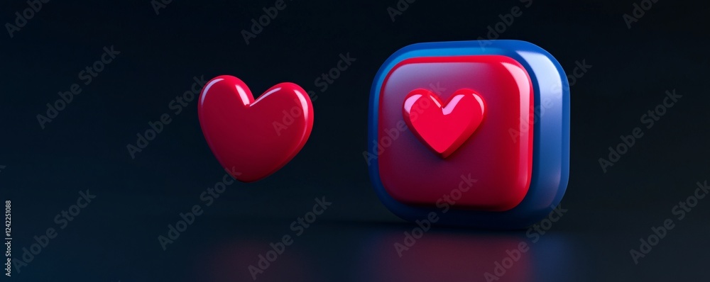 Poster 3d rendering of a red heart flying to a like button