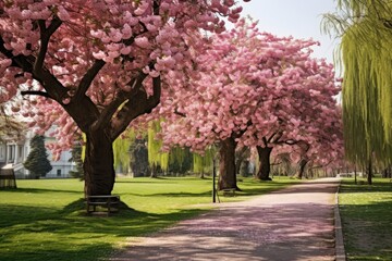 Fototapeta premium Majestic cherry trees blooming on a green lawn in an ornamental garden