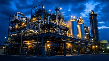 Industrial plant at night, showcasing intricate machinery and illuminated structures.