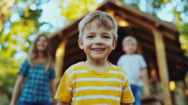 National Day of Unplugging concept. A Family Building a Treehouse Together in the Backyard