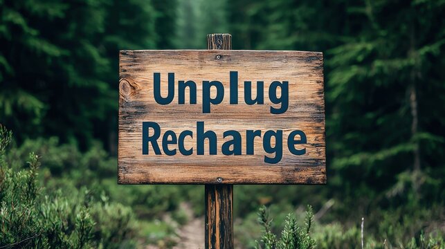 National Day of Unplugging concept. A Rustic Wooden Sign Inspiring Unplugging and Recharging in Nature