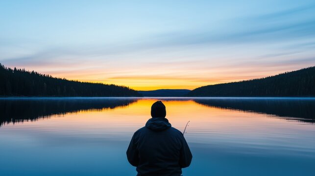 National Day of Unplugging concept. A tranquil moment fishing on a serene lake at sunset