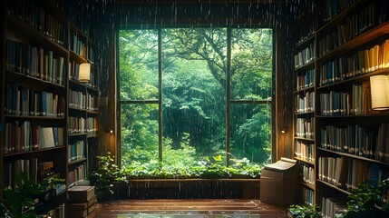 Cozy library with a rain-soaked window overlooking a lush green forest.