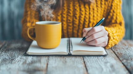 National Day of Unplugging concept. Cozy Cabin Journaling Moment with Warm Drink on Rustic Wooden Table