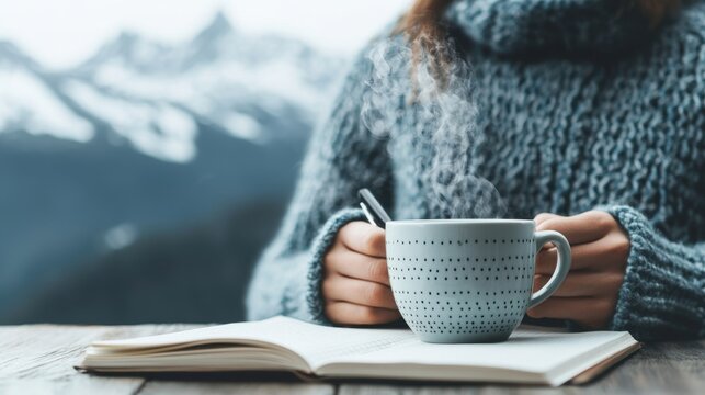 National Day of Unplugging concept. Cozy Cabin Getaway Journaling in the Wilderness