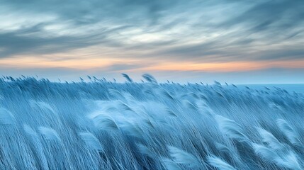 Obraz premium Serene landscape of tall grass swaying in the breeze at sunset.