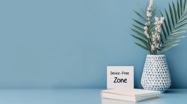 National Day of Unplugging concept. Minimalist Desk with Device Free Zone Sign and Decorative Vase with Plants