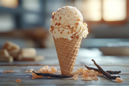 Vanilla ice cream cone, sugar, vanilla beans, cafe background, food photography