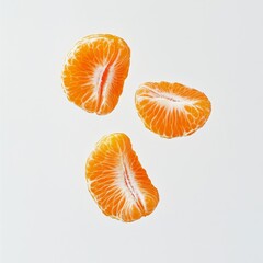 Floating mandarin segments, white background, food photography, recipe illustration