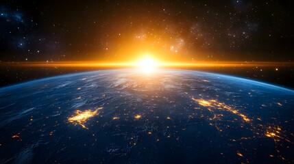 Fototapeta premium Radiant sunrise over Earth seen from space, showcasing vibrant colors and city lights.