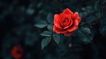 A Single Red Rose Blooms Amidst Dark Green Foliage