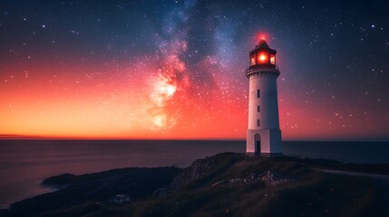 A serene lighthouse stands against a starlit sky at dusk.