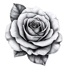 Monochrome rose drawing, detailed petals, studio shot, dark background, floral design isolated on white or transparent background