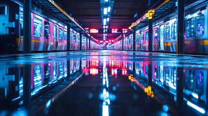 Fototapeta premium Vibrant subway station with colorful lights reflecting on the wet platform.