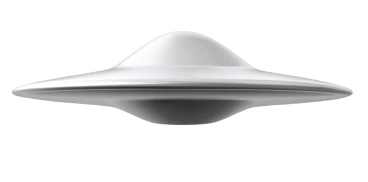 Grey UFO hovering, night sky background. Sci-fi illustration