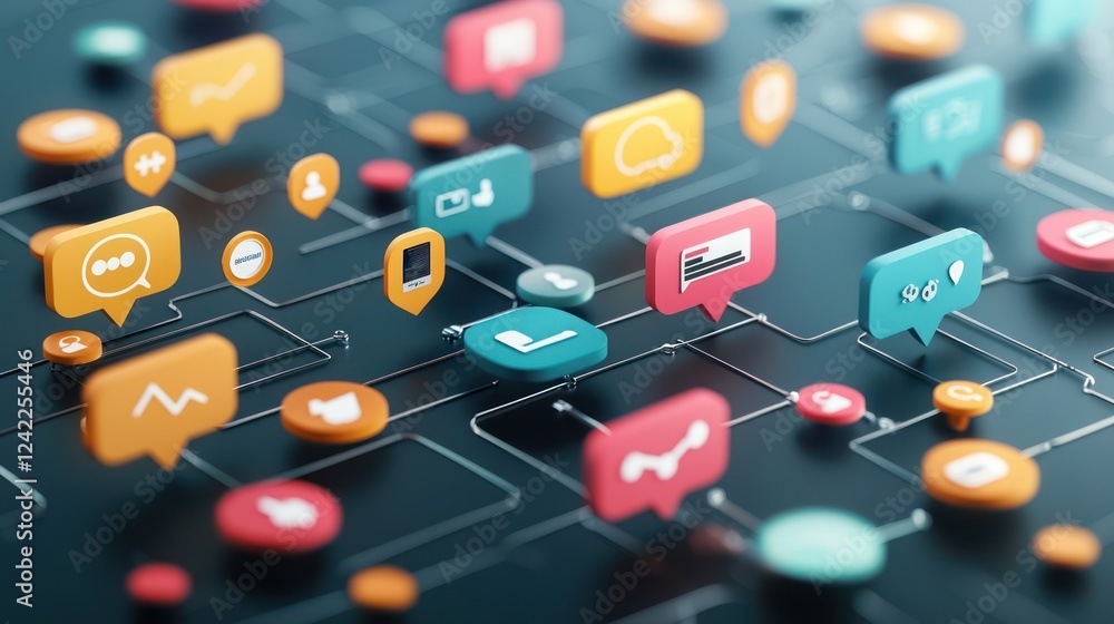 Poster a vibrant network of colorful social media icons interconnected on a digital interface, representing
