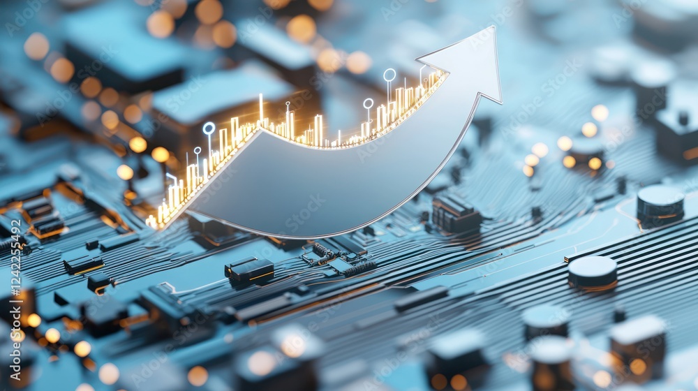 Poster a digital circuit with an upward arrow, symbolizing growth and technological advancement in a high-t