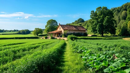 Tranquil countryside scene with rustic house and greenery