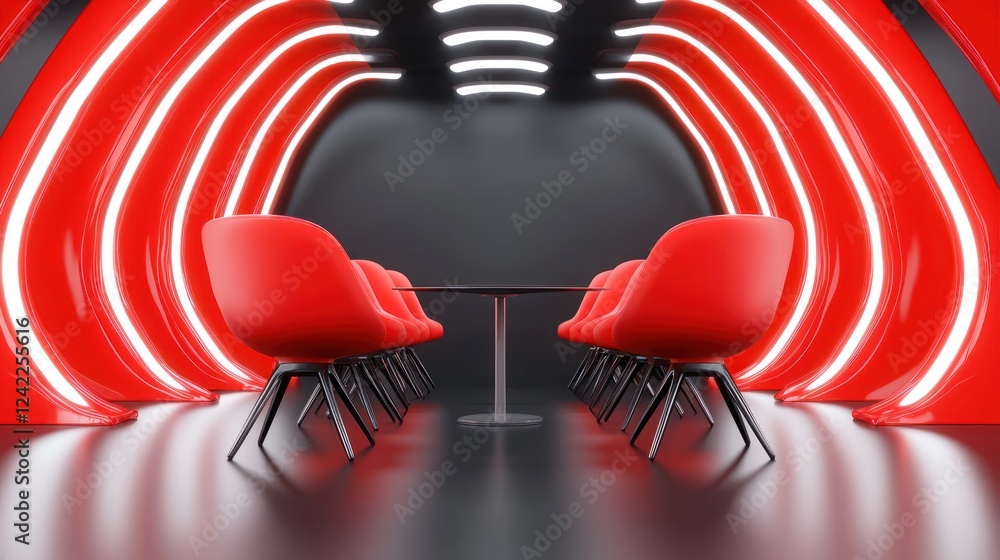 Poster a futuristic meeting room featuring red chairs and illuminated curves, creating a modern and dynamic