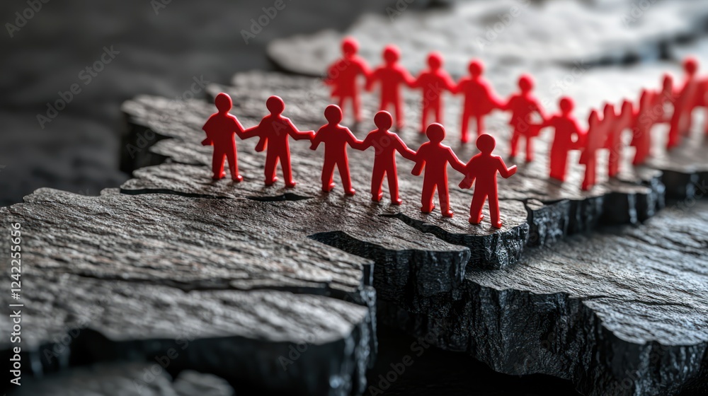Aufkleber a line of red figurines holding hands on a textured surface, symbolizing unity and connection amidst