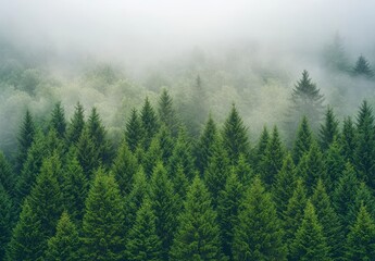 Misty evergreen forest landscape, lush green trees in fog.