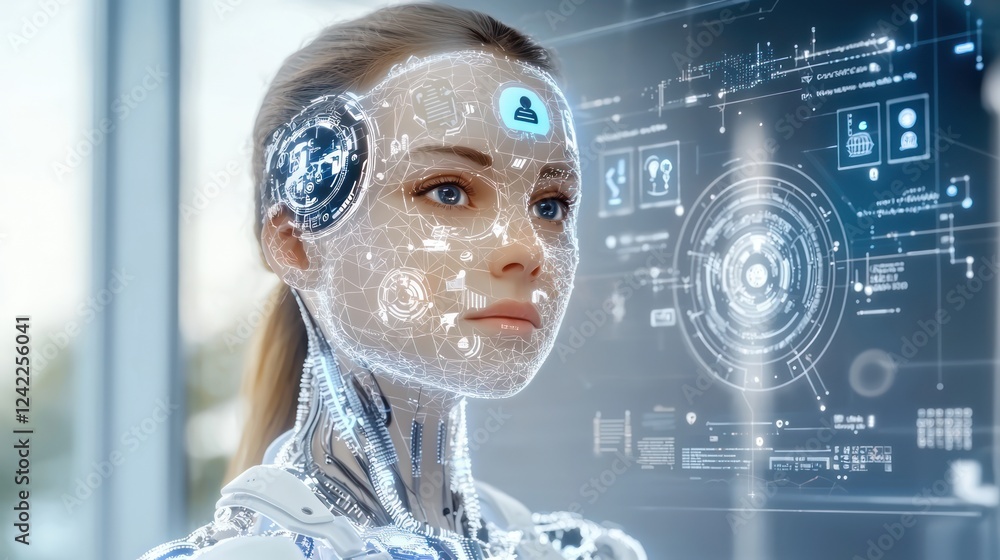 Aufkleber a sleek, futuristic humanoid robot with digital displays and intricate circuitry, embodying advanced