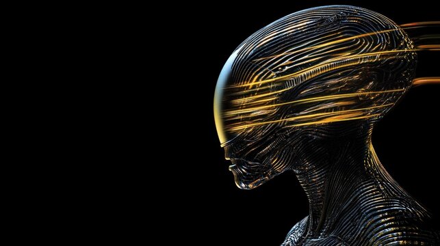 Metallic alien head profile with glowing lines.