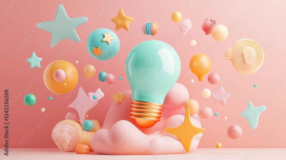 Poster a colorful light bulb surrounded by cheerful shapes and bubbles against a soft pink background, crea