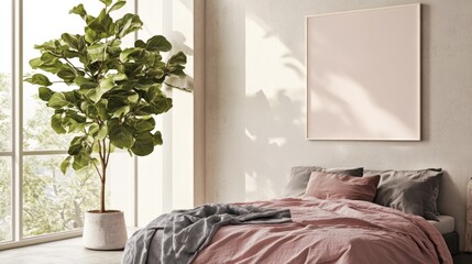 Minimalist bedroom with large window, plant, and pink bedding.