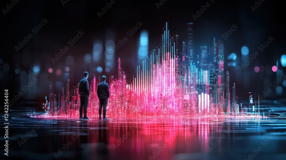 Poster two figures stand before a vibrant, digital data visualization, featuring colorful peaks and valleys
