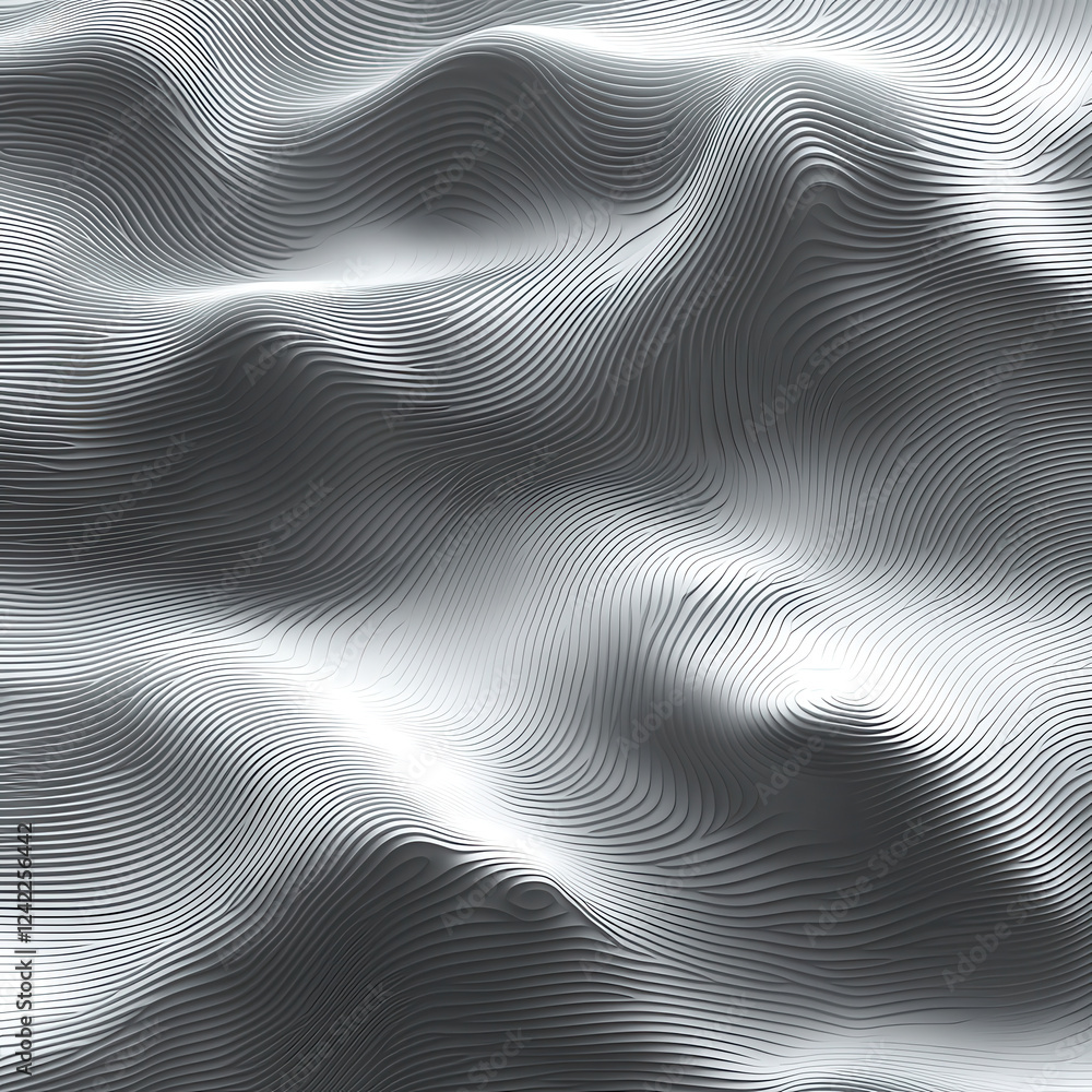 Poster Dynamic wavy lines create mesmerizing abstract background in shades of gray, evoking sense of movement and depth. Perfect for modern design projects