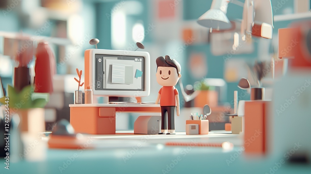 Poster a colorful, animated workspace featuring a cheerful character standing by a computer amidst various 