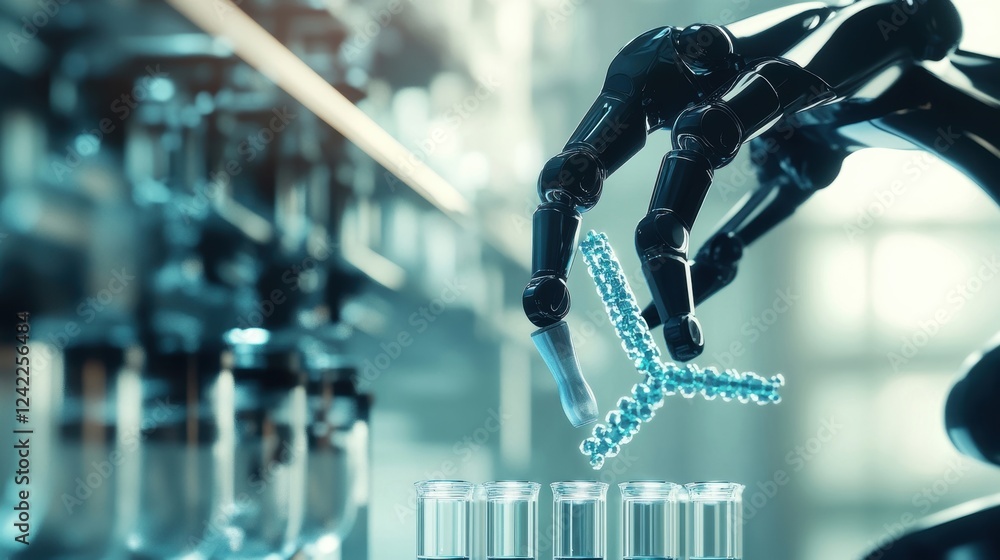 Poster a medium closeup image of a robotic arm in motion precisely dispensing dna oligonucleotides onto a g