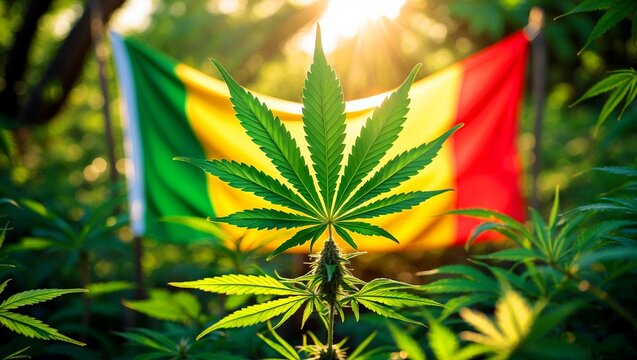 Vibrant cannabis leaf against rasta flag in sunlight
