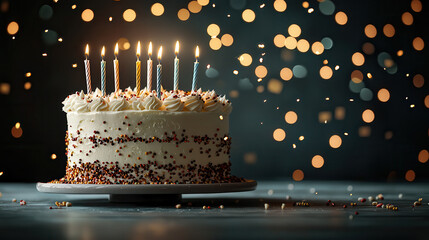 birthday cake with sparkling candles, surrounded by festive confetti, creates joyful celebration atmosphere. vibrant colors and warm lights enhance festive mood
