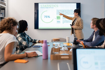 Marketing executive presenting statistics to her colleagues