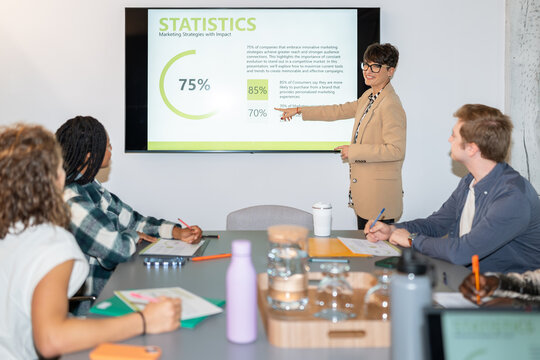 Marketing manager presenting statistics to her team