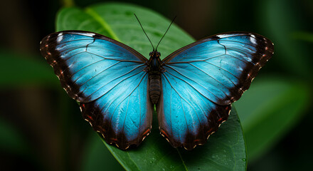 vibrant blue morpho butterfly with its wings fully spread, showing intricate iridescent patterns