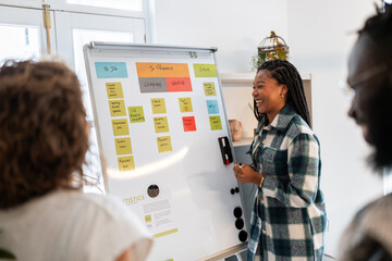Smiling project manager using kanban board presenting strategy
