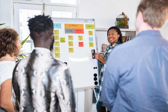 Team of professionals using kanban board in coworking space