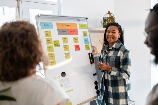 Smiling project manager using kanban board during coworking meeting