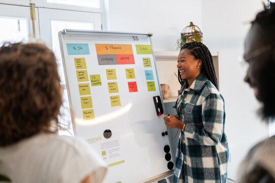 Smiling project manager using kanban board presenting strategy
