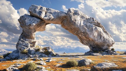 Fototapeta premium Stunning natural rock arch stands in a valley, framed by a majestic mountain range and a dramatic cloudy sky